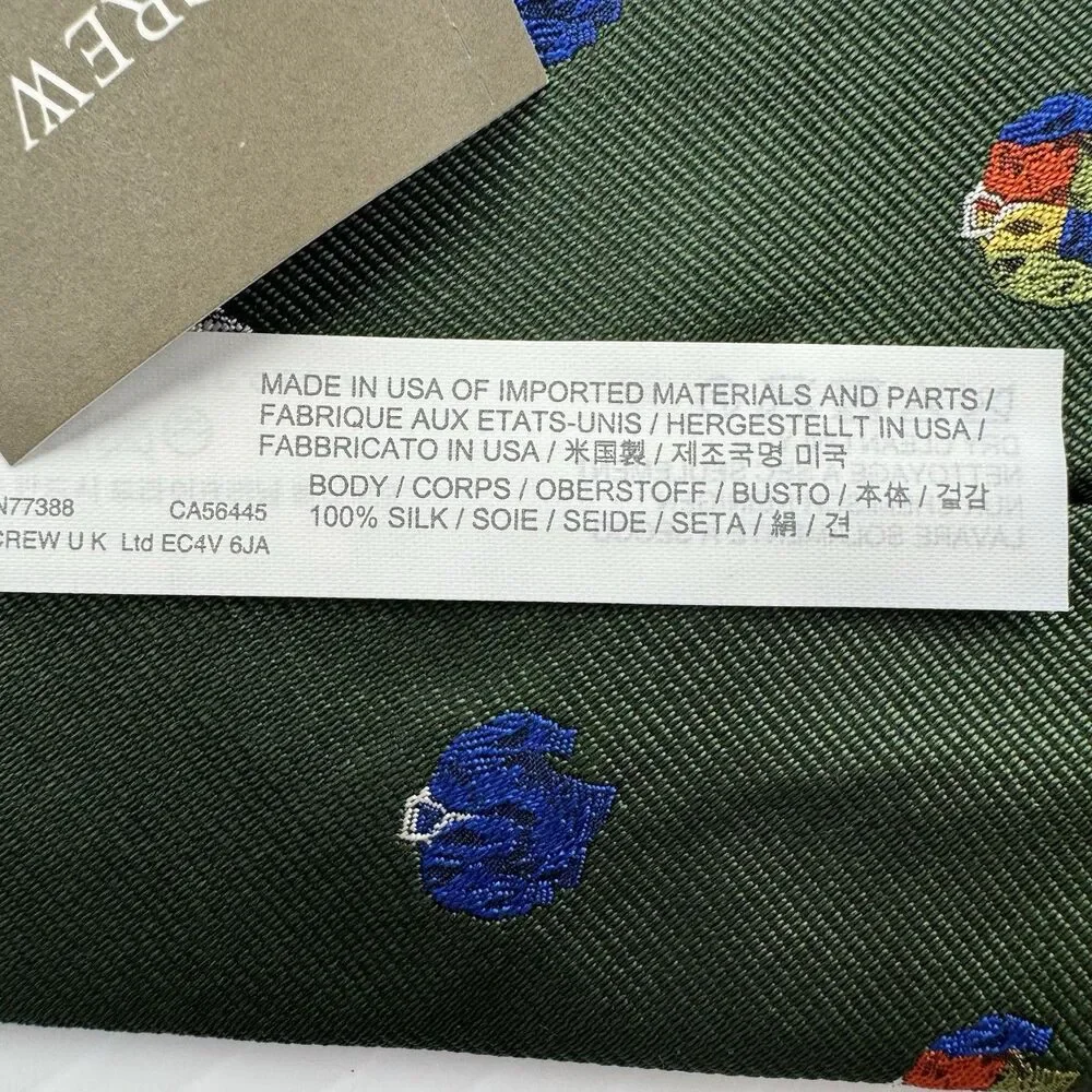 J.Crew Ludlow Silk Tie Green Rugby Shirt Print Novelty Preppy NWT USA